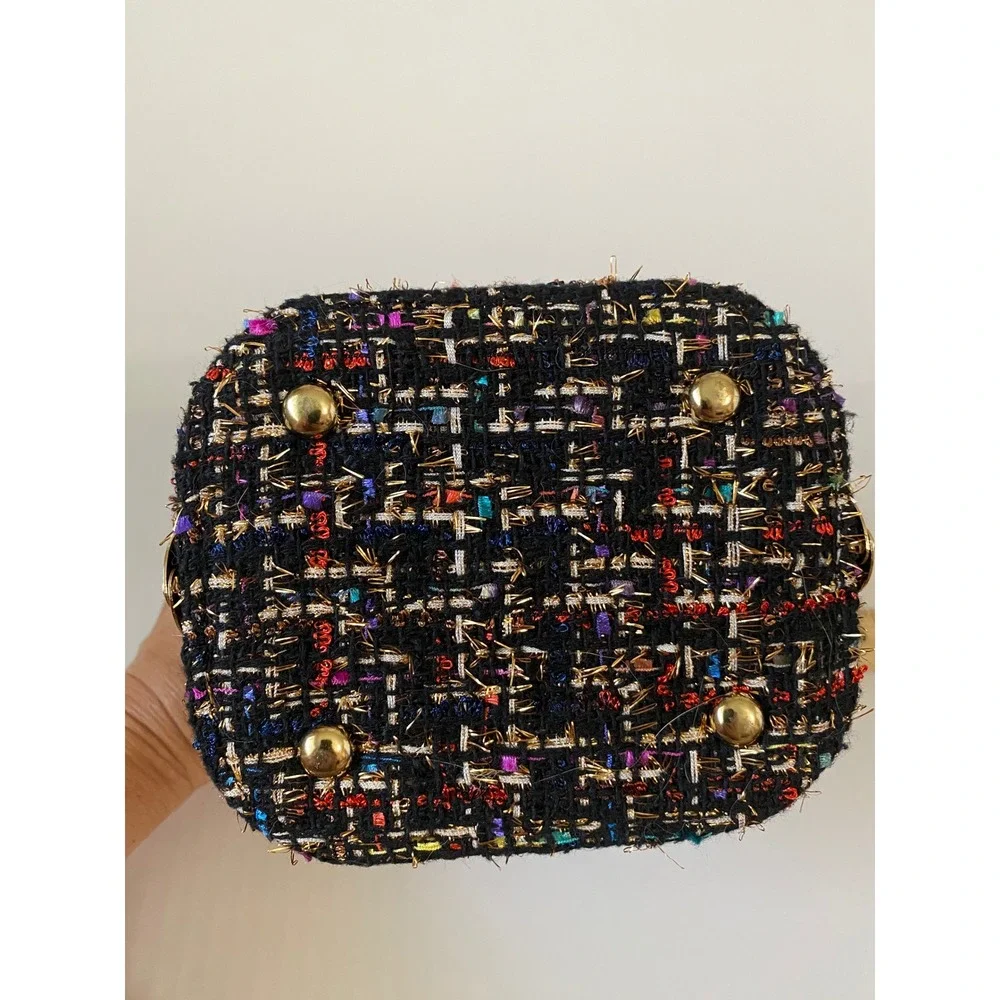 Multicolor Tweed Evening Clutch Bag Gold Chain Strap Crystal Clasp Structured